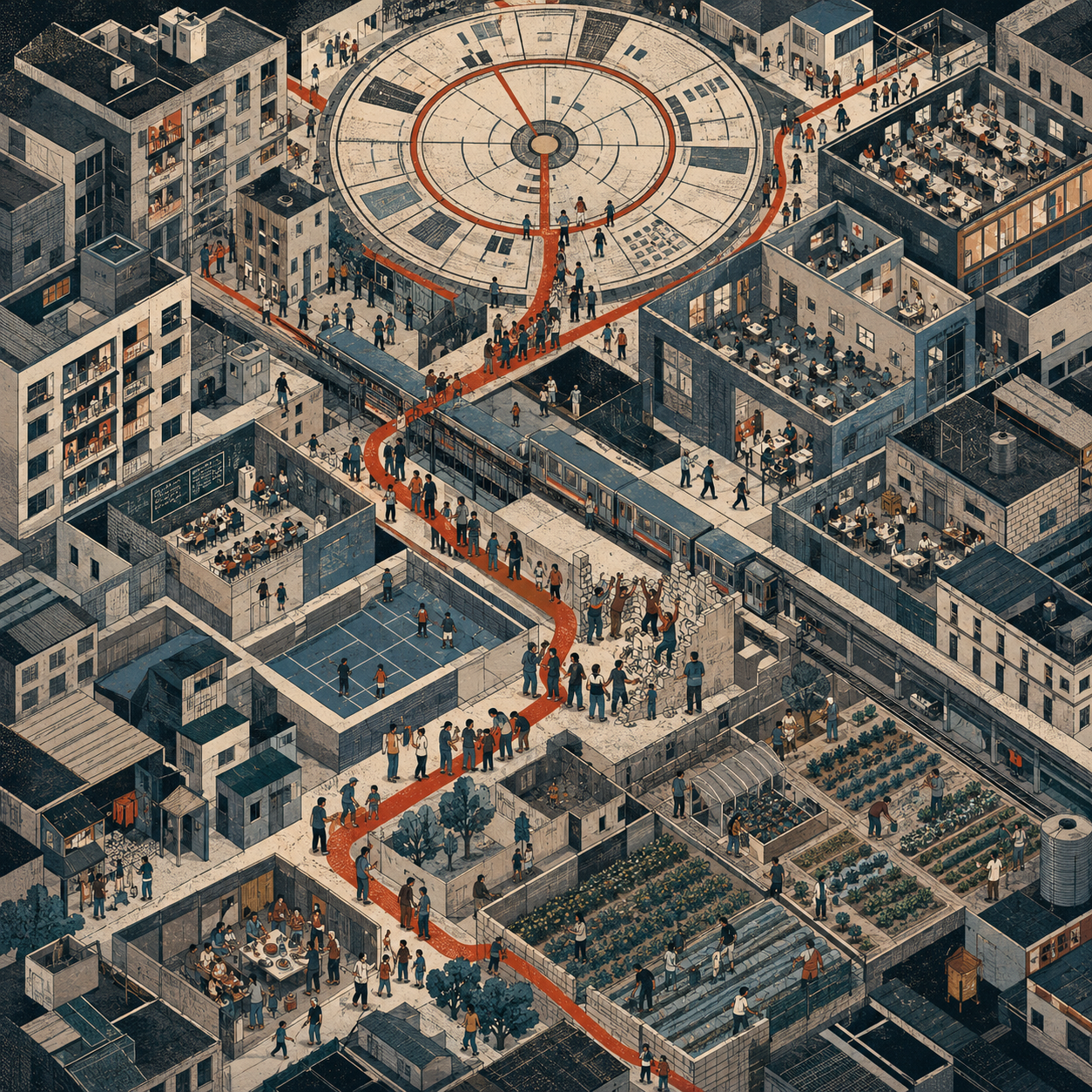 An overhead city scene showing transit, homes, workplaces, gardens, gathering places, and a red path connecting them.