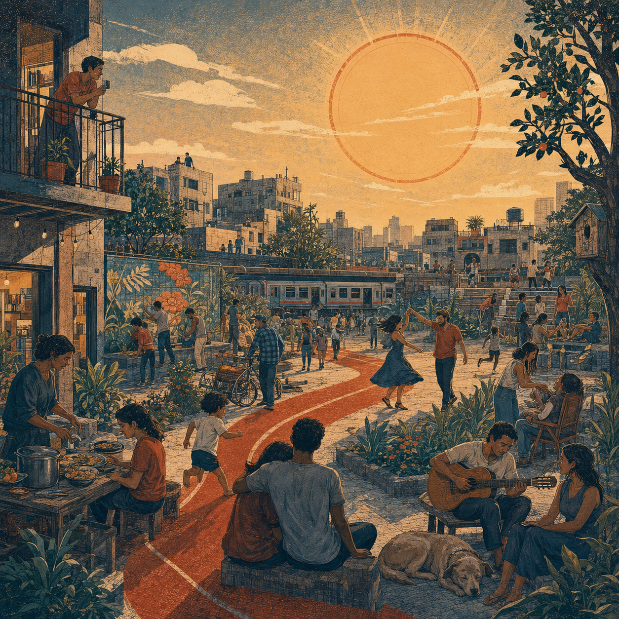 A lively neighborhood at human scale with food, gardens, transit, dancing, music, children, neighbors, and warm evening light.