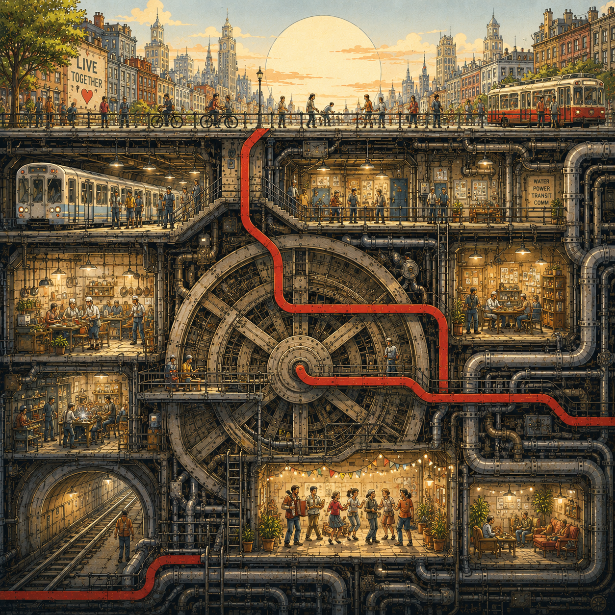 A cutaway city full of transit, workplaces, machinery, pipes, gathering spaces, and people living inside the systems they operate.